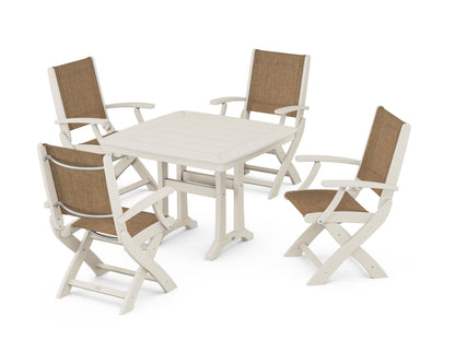 POLYWOOD® Coastal Folding Chair 5-Piece Dining Set with Trestle Legs in Sand / Burlap Sling