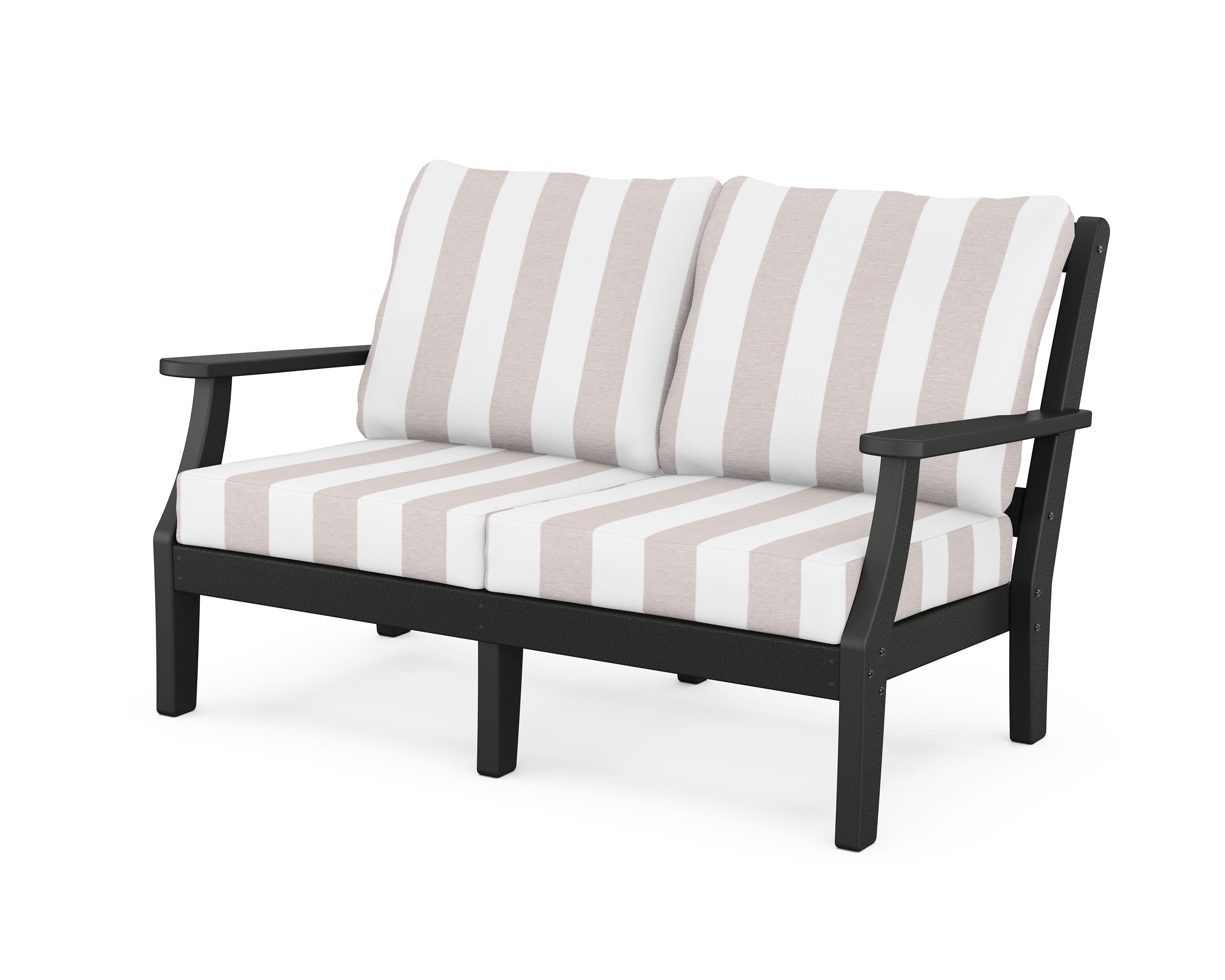 Martha Stewart by POLYWOOD® Chinoiserie Deep Seating Loveseat in Black / Cabana Stripe Dune Burlap