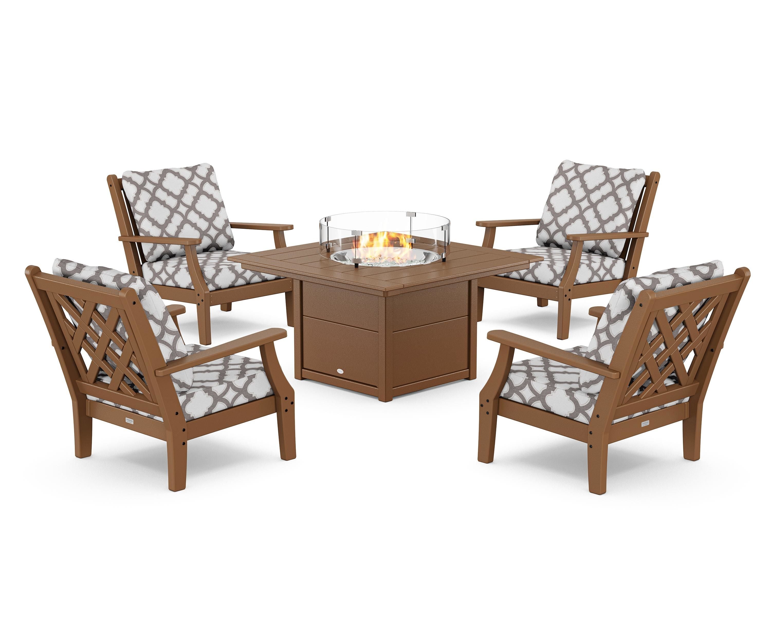 Country Living Wovendale 5-Piece Deep Seating Set with Fire Pit Table in Teak / Trellis Grey Mist