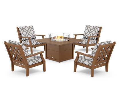 Country Living Wovendale 5-Piece Deep Seating Set with Fire Pit Table in Teak / Trellis Grey Mist