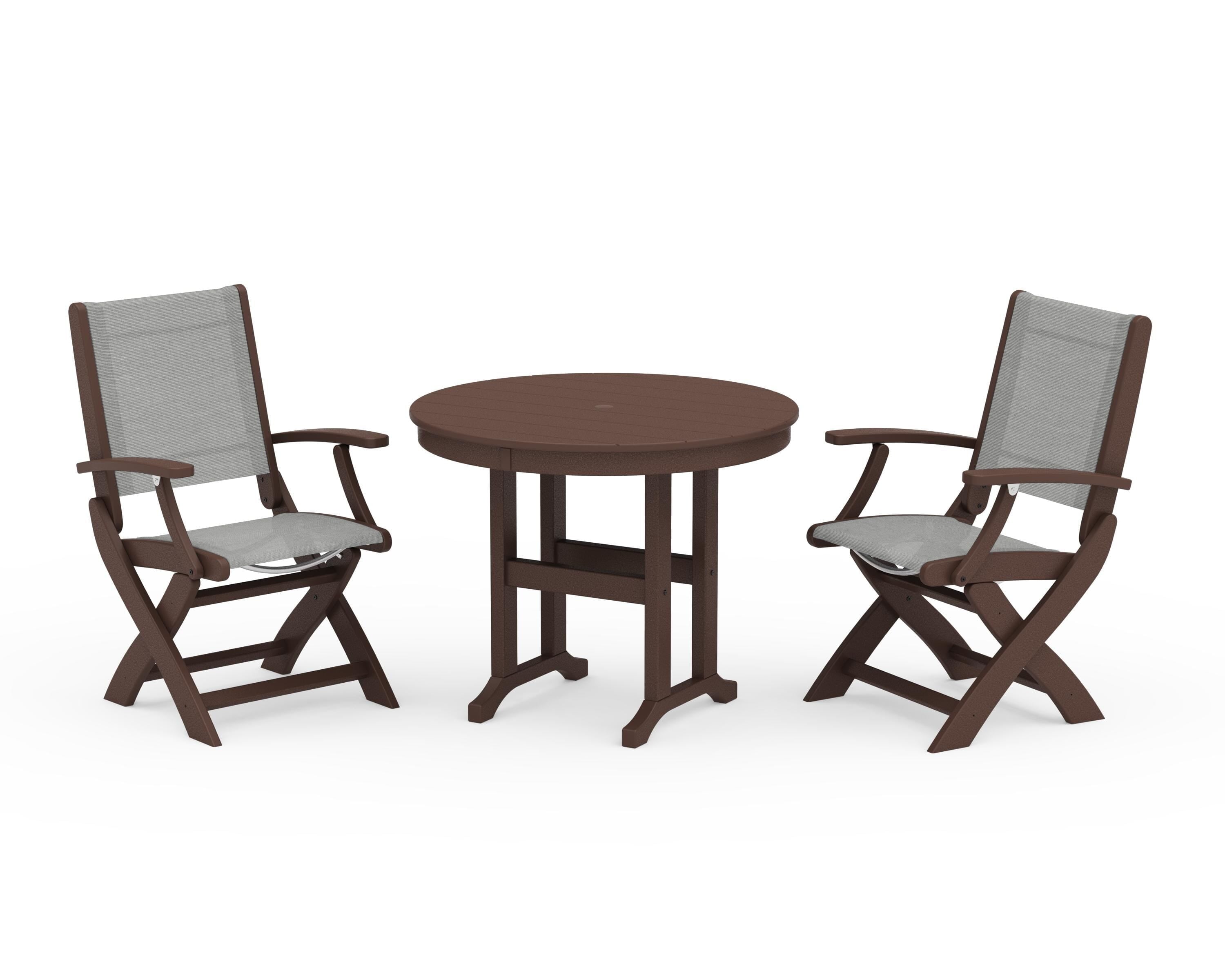 POLYWOOD® Coastal Folding Chair 3-Piece Round Dining Set in Mahogany / Metallic Sling