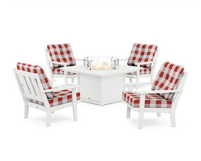 POLYWOOD® Oxford 5-Piece Deep Seating Set with Fire Pit Table in White / Buffalo Plaid Crimson