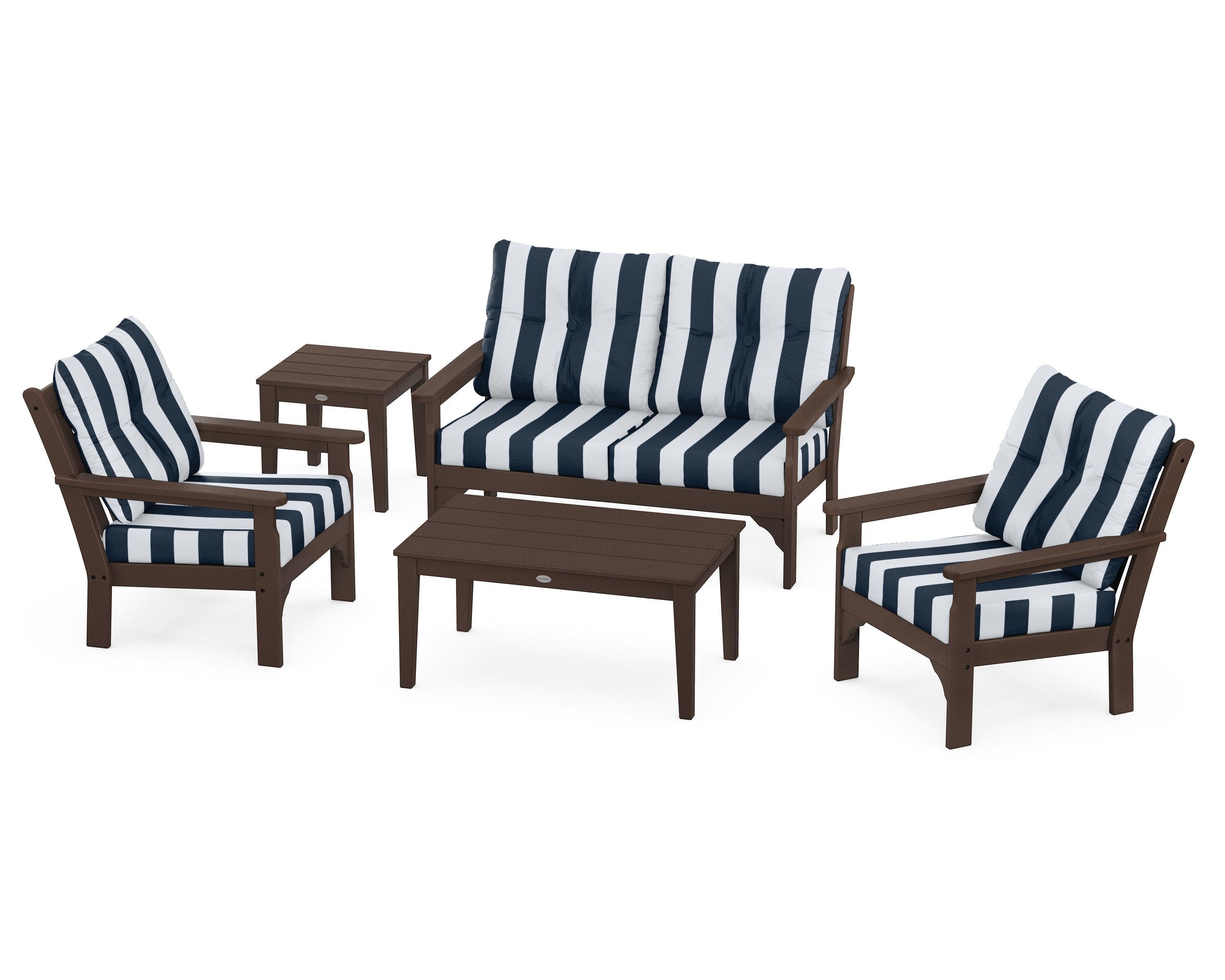 POLYWOOD® Vineyard 5-Piece Deep Seating Set in Mahogany / Cabana Stripe Marine Indigo