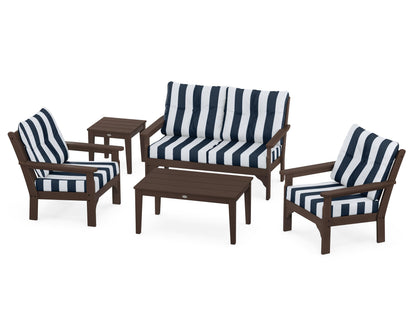 POLYWOOD® Vineyard 5-Piece Deep Seating Set in Mahogany / Cabana Stripe Marine Indigo