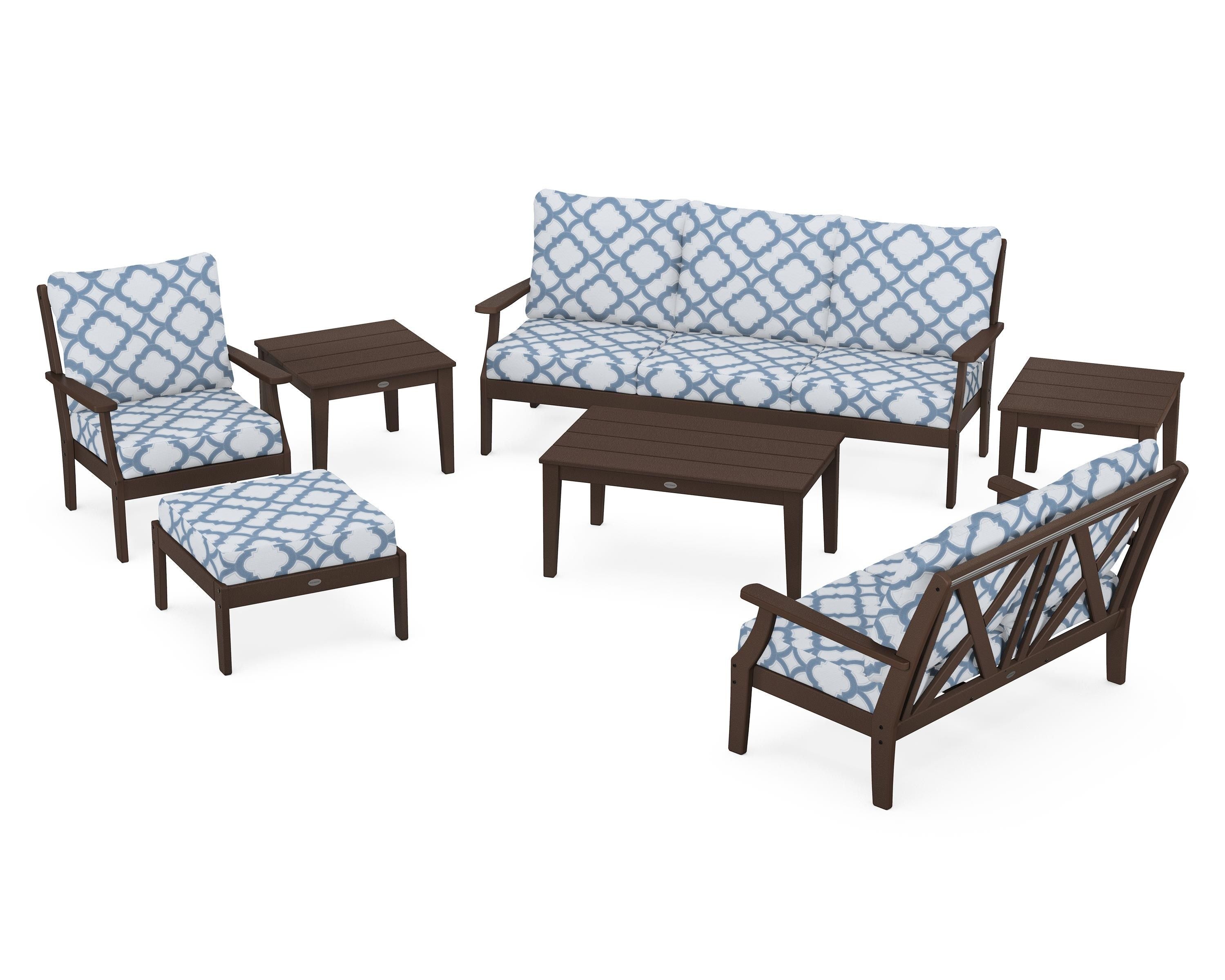 POLYWOOD® Braxton 7-Piece Deep Seating Set in Mahogany / Trellis Sky Blue