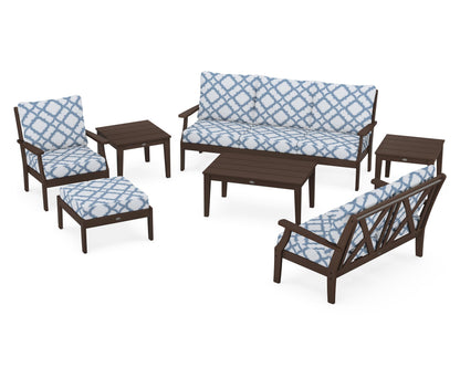 POLYWOOD® Braxton 7-Piece Deep Seating Set in Mahogany / Trellis Sky Blue