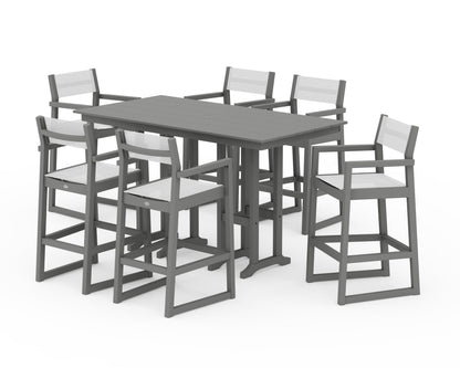 POLYWOOD® EDGE Sling Arm Chair 7-Piece Farmhouse Bar Set in Slate Grey / White Sling