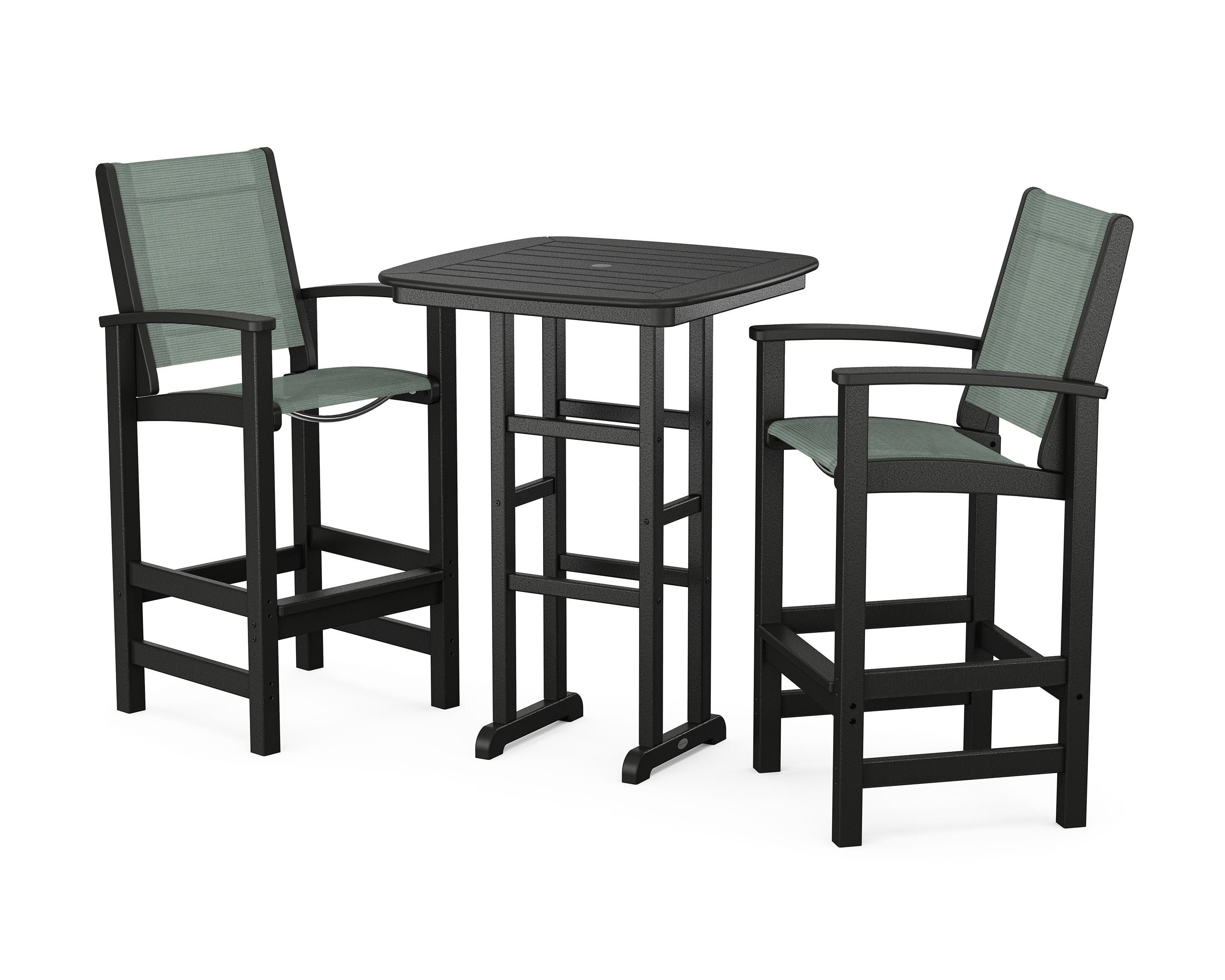 POLYWOOD® Coastal 3-Piece Bar Set in Black / Dupioni Sea Mist Sling