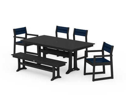 POLYWOOD® EDGE Sling 6-Piece Farmhouse Dining Set With Trestle Legs in Black / Navy Blue Sling