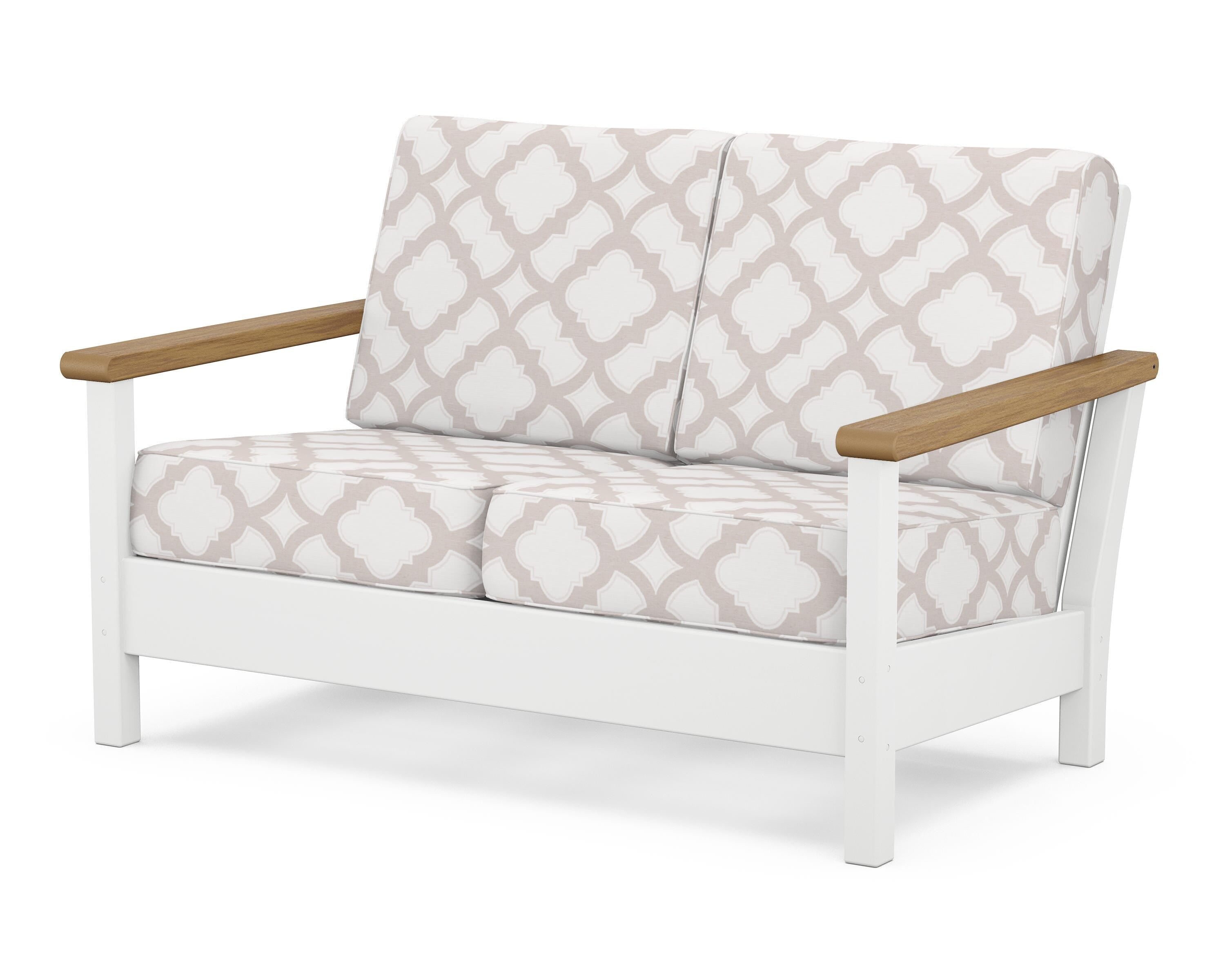 POLYWOOD® Harbour Deep Seating Loveseat in White / Natural / Trellis Dune Burlap