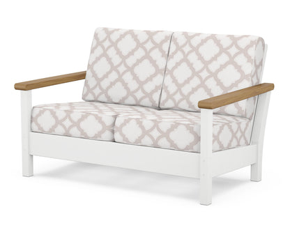 POLYWOOD® Harbour Deep Seating Loveseat in White / Natural / Trellis Dune Burlap