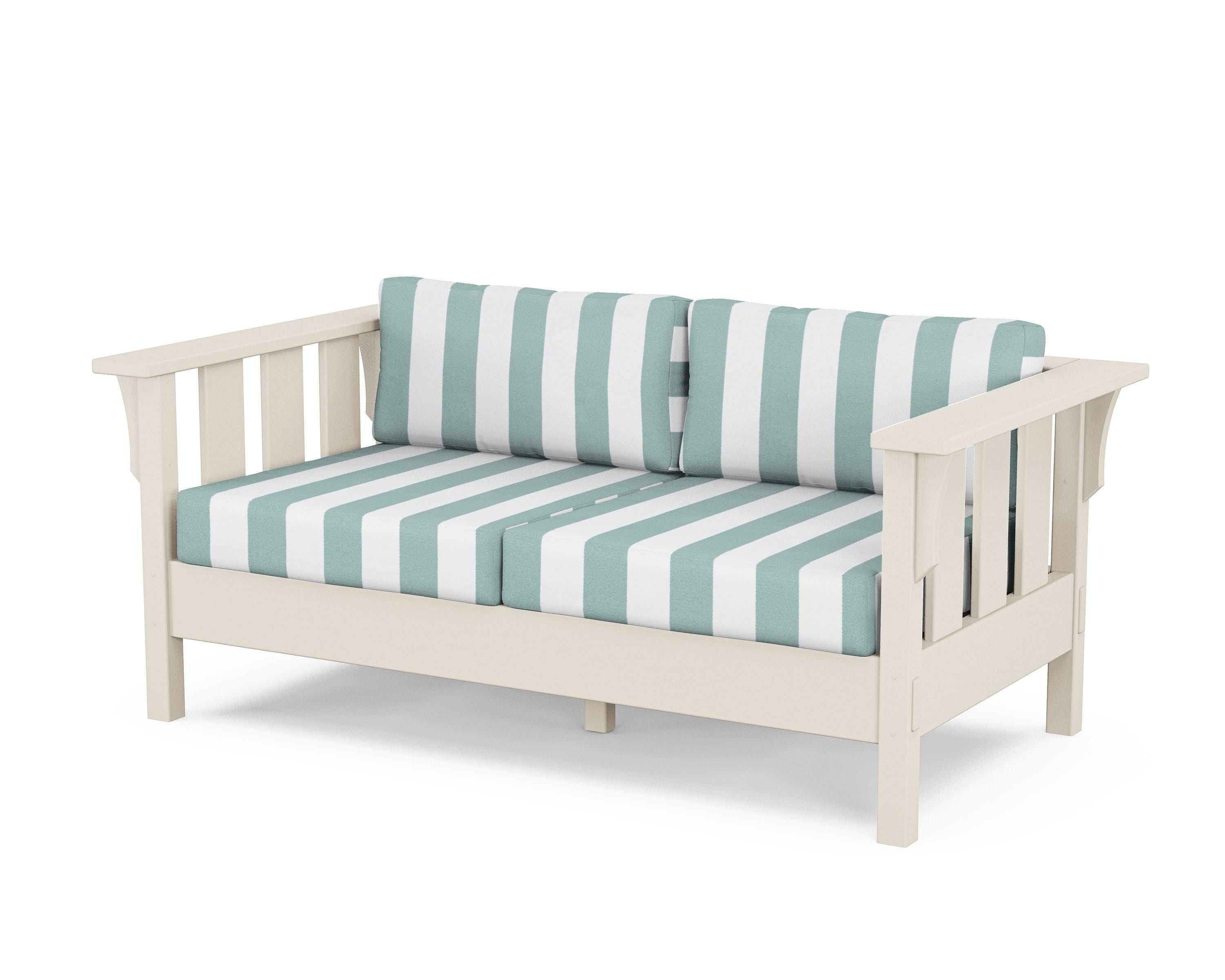 Martha Stewart by POLYWOOD® Acadia Deep Seating Loveseat in Sand / Cabana Stripe Glacier Spa