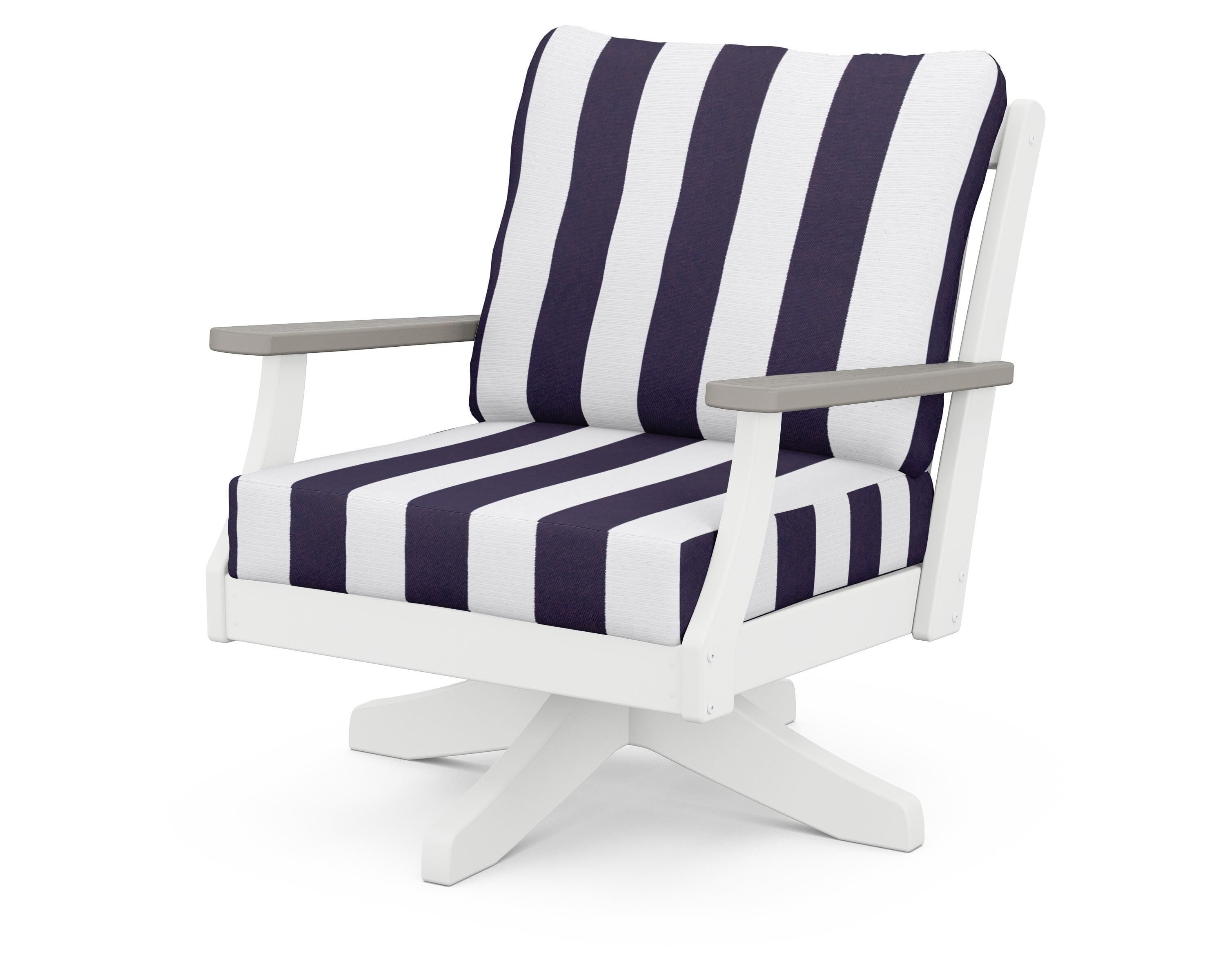 POLYWOOD® Braxton Deep Seating Swivel Chair in White / Driftwood / Cabana Stripe Navy