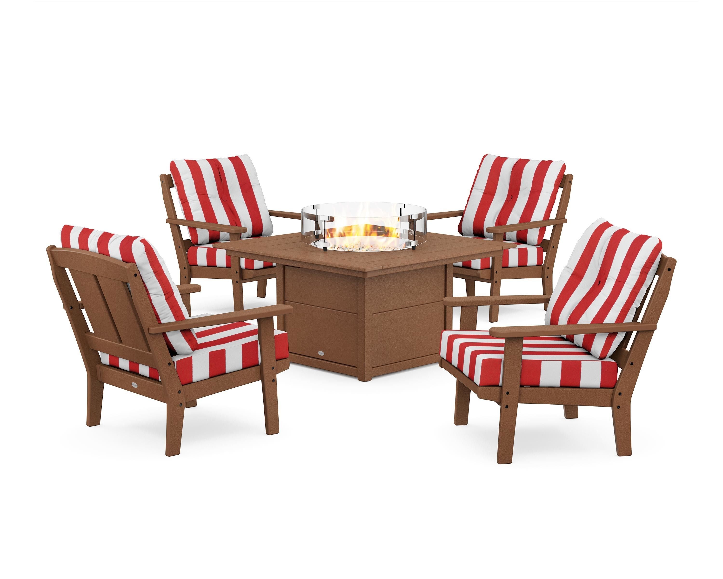 POLYWOOD® Mission 5-Piece Deep Seating Set with Fire Pit Table in Teak / Cabana Stripe Crimson