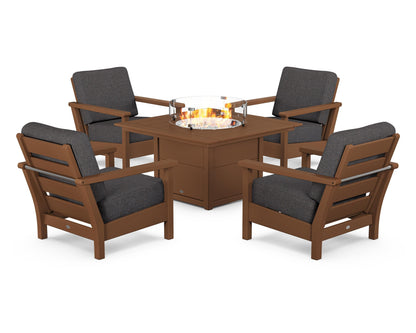 POLYWOOD® Harbour 5-Piece Conversation Set with Fire Pit Table in Teak / Ash Charcoal