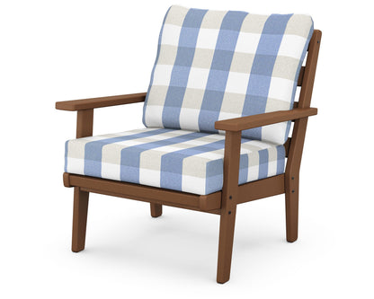 POLYWOOD® Grant Park Deep Seating Chair in Teak / Buffalo Plaid Sky Blue