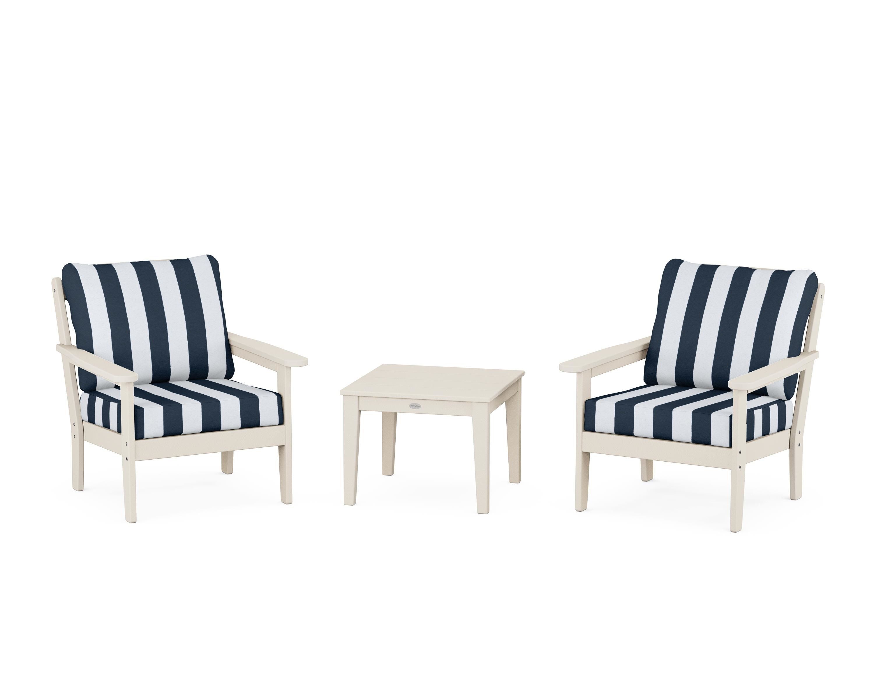 Country Living Cottage 3-Piece Deep Seating Set in Sand / Cabana Stripe Marine Indigo