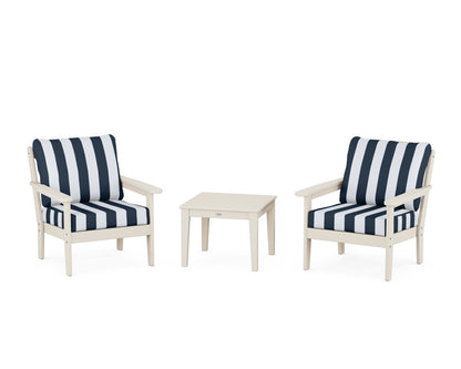 Country Living Cottage 3-Piece Deep Seating Set in Sand / Cabana Stripe Marine Indigo