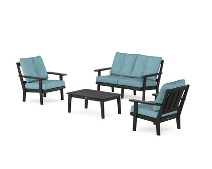 POLYWOOD® Oxford 4-Piece Deep Seating Set with Loveseat in Black / Lattice Sky Blue