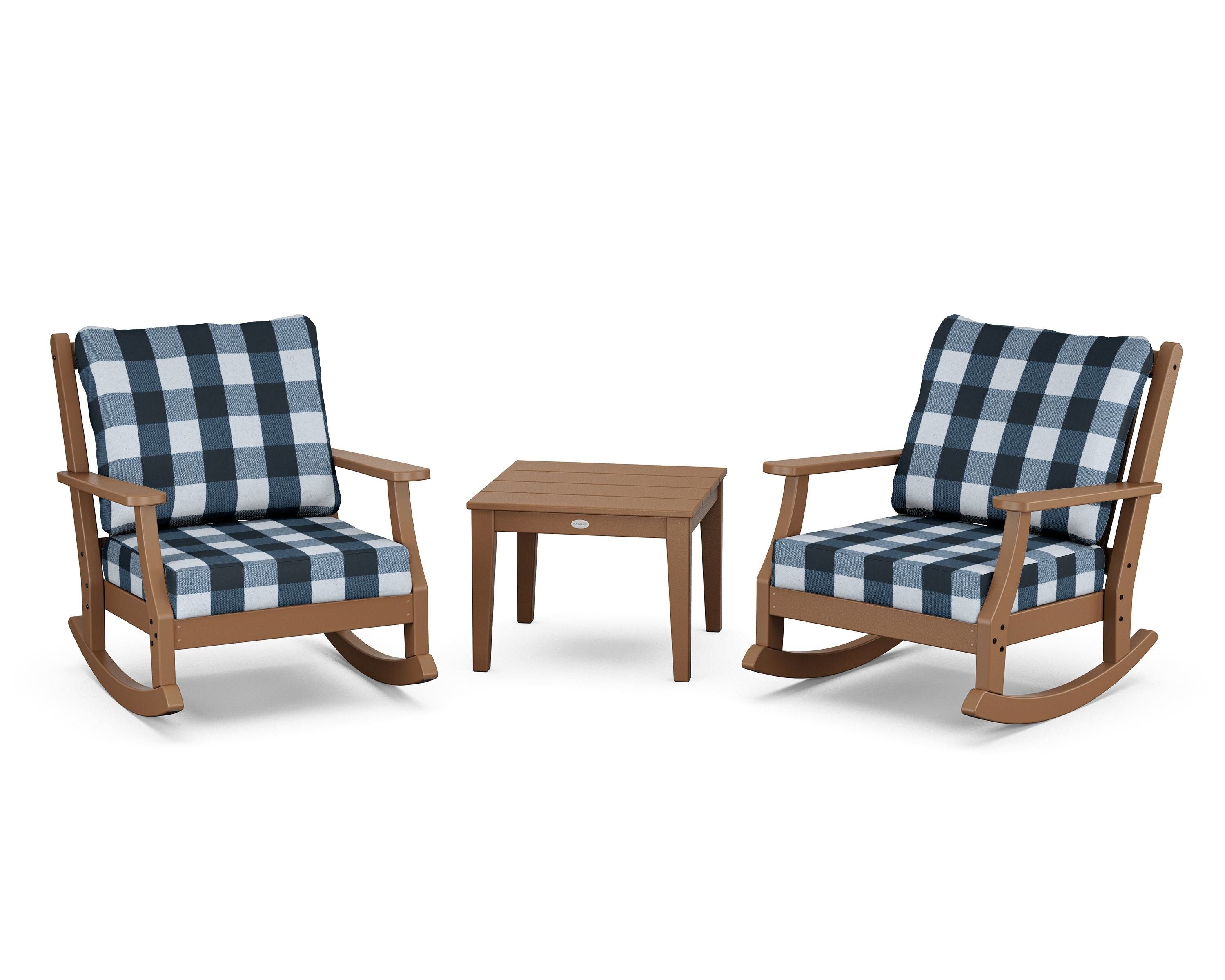 Country Living Wovendale 3-Piece Deep Seating Rocker Set in Teak / Buffalo Plaid Marine Indigo