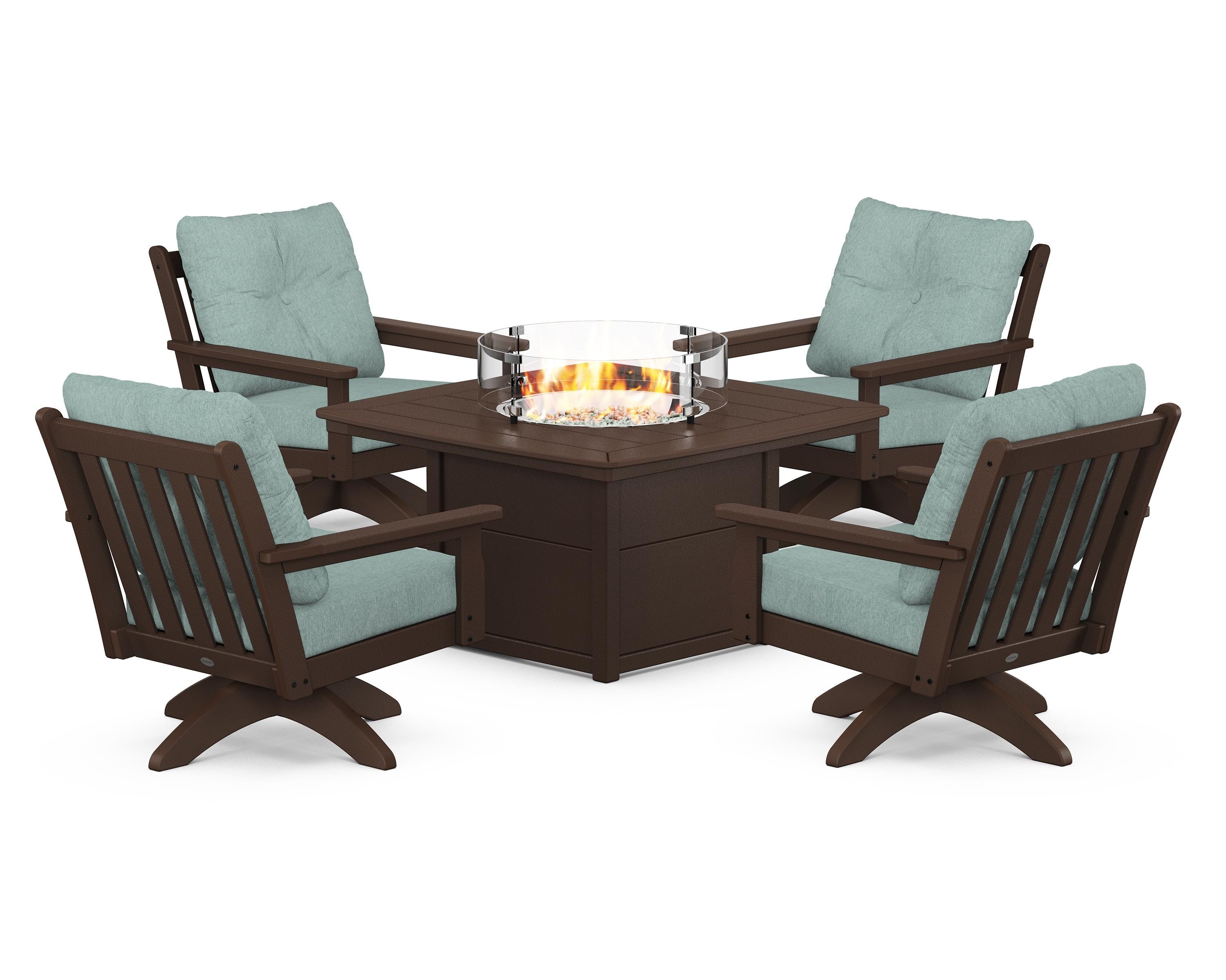 POLYWOOD® Vineyard 5-Piece Deep Seating Swivel Conversation Set with Fire Pit Table in Mahogany / Glacier Spa