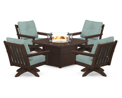 POLYWOOD® Vineyard 5-Piece Deep Seating Swivel Conversation Set with Fire Pit Table in Mahogany / Glacier Spa