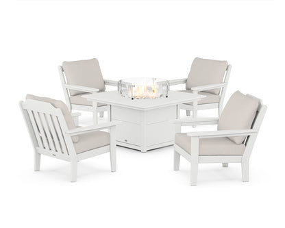 Country Living Cottage 5-Piece Deep Seating Set with Fire Pit Table in White / Cast Ash