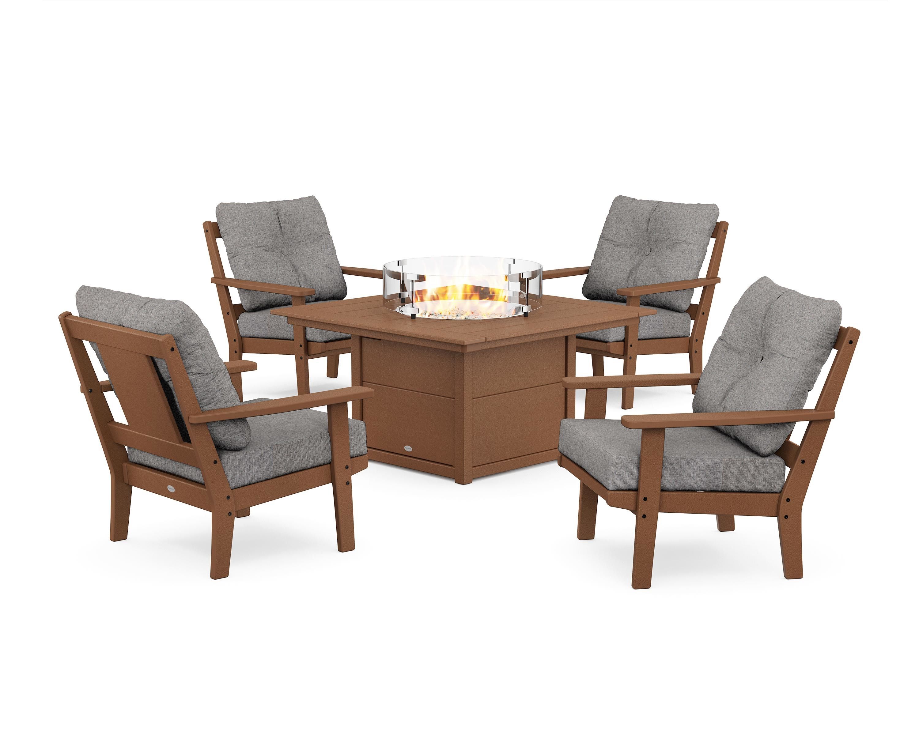 POLYWOOD® Prairie 5-Piece Deep Seating Set with Fire Pit Table in Teak / Grey Mist