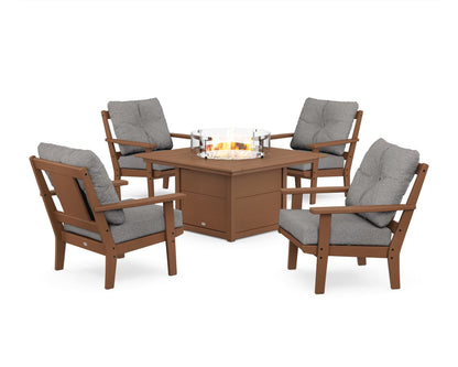 POLYWOOD® Prairie 5-Piece Deep Seating Set with Fire Pit Table in Teak / Grey Mist