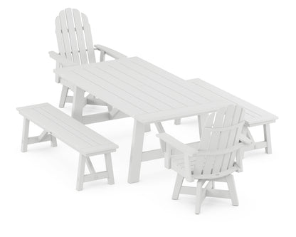 POLYWOOD® VineyardCurveback Adirondack Swivel Chair 5-Piece Rustic Farmhouse Dining Set With Benches in White
