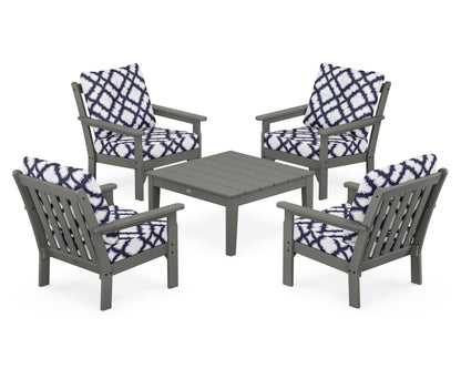 POLYWOOD® Vineyard 5-Piece Deep Seating Conversation Set in Slate Grey / Trellis Navy