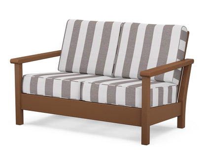 POLYWOOD® Harbour Deep Seating Loveseat in Teak / Cabana Stripe Grey Mist