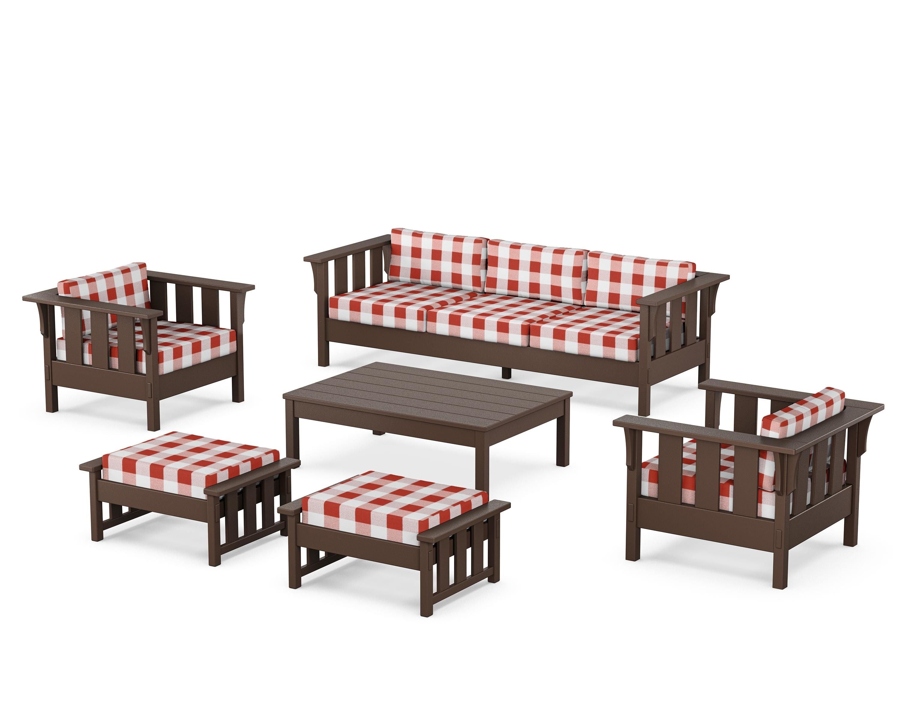 Martha Stewart by POLYWOOD® Acadia 6-Piece Lounge Sofa Set in Mahogany / Buffalo Plaid Crimson