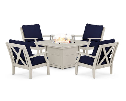POLYWOOD® Braxton 5-Piece Deep Seating Conversation Set with Fire Pit Table in Sand / Navy