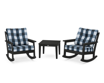 POLYWOOD® Vineyard 3-Piece Deep Seating Rocker Set in Black / Buffalo Plaid Marine Indigo