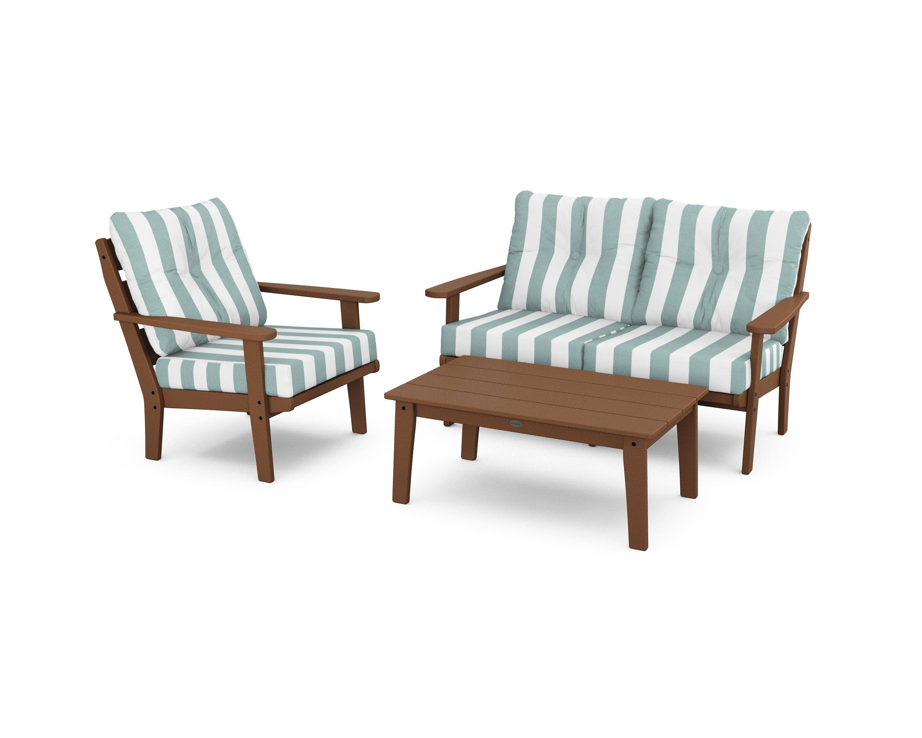 POLYWOOD® Lakeside 3-Piece Deep Seating Set in Teak / Cabana Stripe Glacier Spa