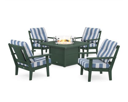POLYWOOD® Prairie 5-Piece Deep Seating Set with Fire Pit Table in Green / Cabana Stripe Sky Blue