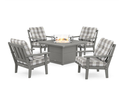 POLYWOOD® Oxford 5-Piece Deep Seating Set with Fire Pit Table in Slate Grey / Buffalo Plaid Grey Mist