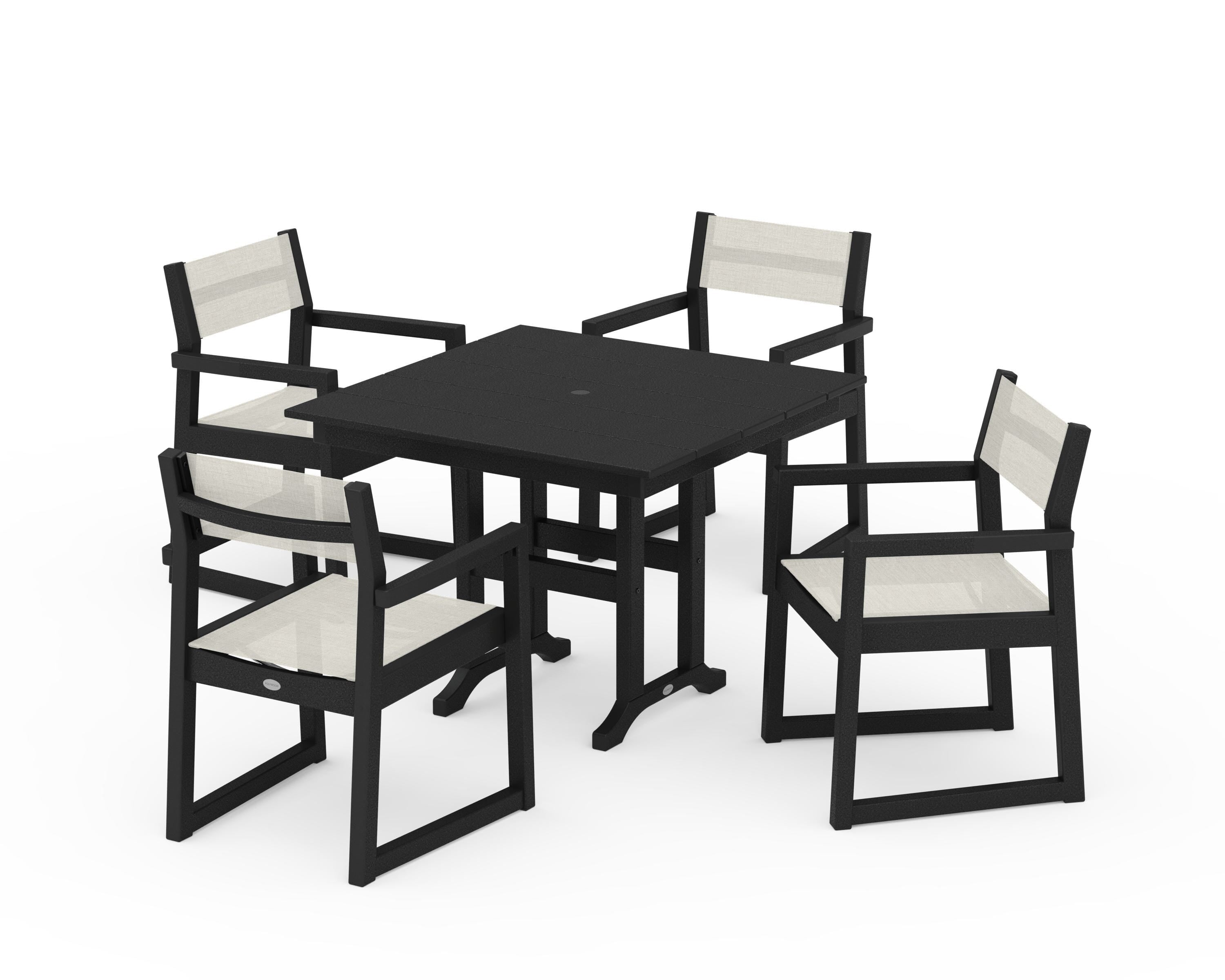 POLYWOOD® EDGE Sling Arm Chair 5-Piece Farmhouse Dining Set in Black / Parchment Sling