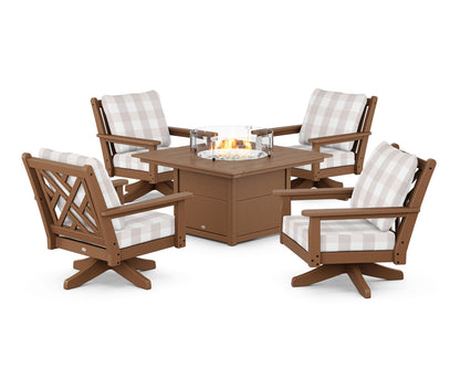 POLYWOOD® Chippendale 5-Piece Deep Seating Swivel Conversation Set with Fire Pit Table in Teak / Buffalo Plaid Dune Burlap
