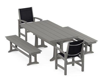 POLYWOOD® Coastal 5-Piece Farmhouse Dining Set with Trestle Legs and Benches in Slate Grey / Black Sling