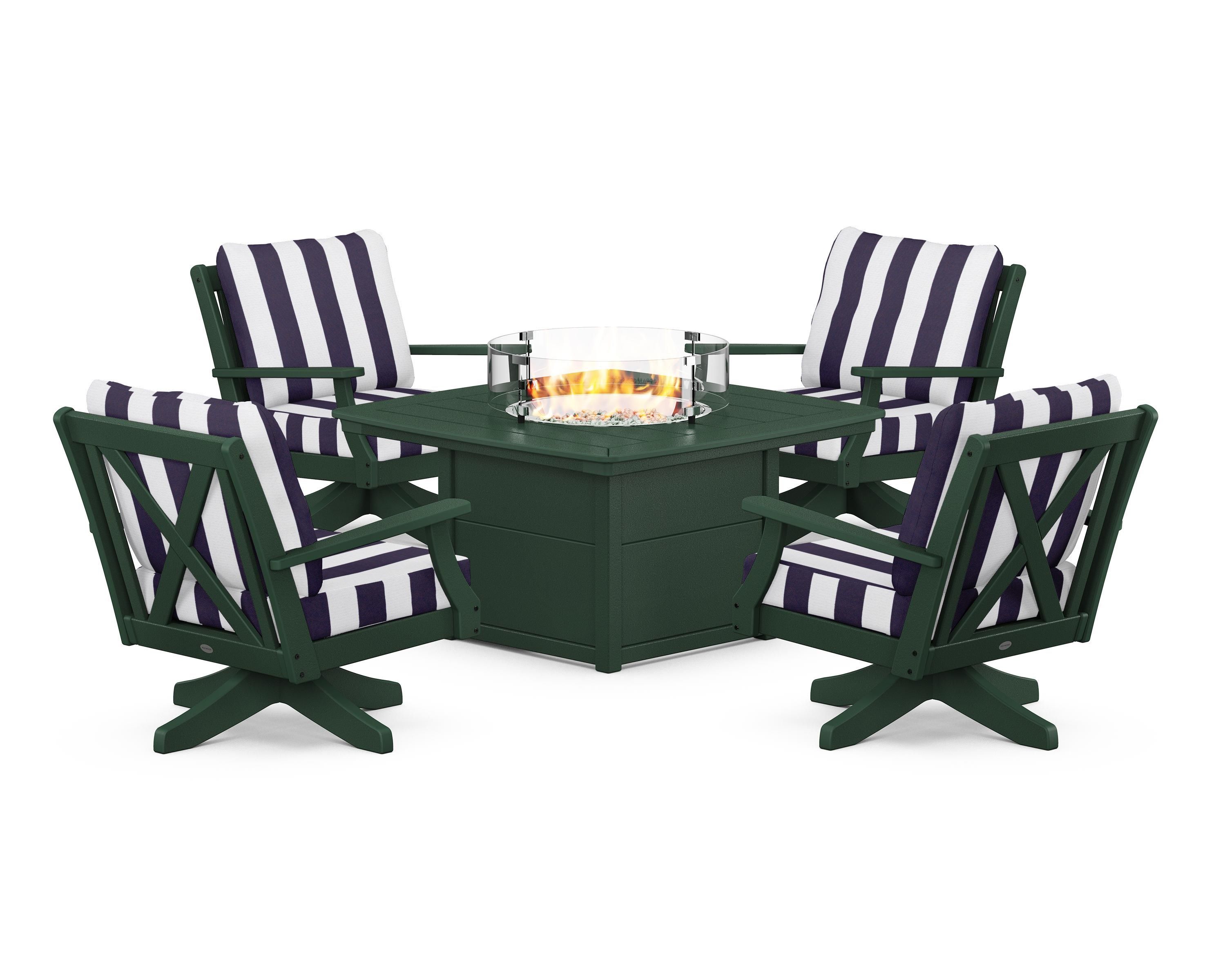 POLYWOOD® Braxton 5-Piece Deep Seating Swivel Conversation Set with Fire Pit Table in Green / Cabana Stripe Navy