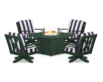 POLYWOOD® Braxton 5-Piece Deep Seating Swivel Conversation Set with Fire Pit Table in Green / Cabana Stripe Navy