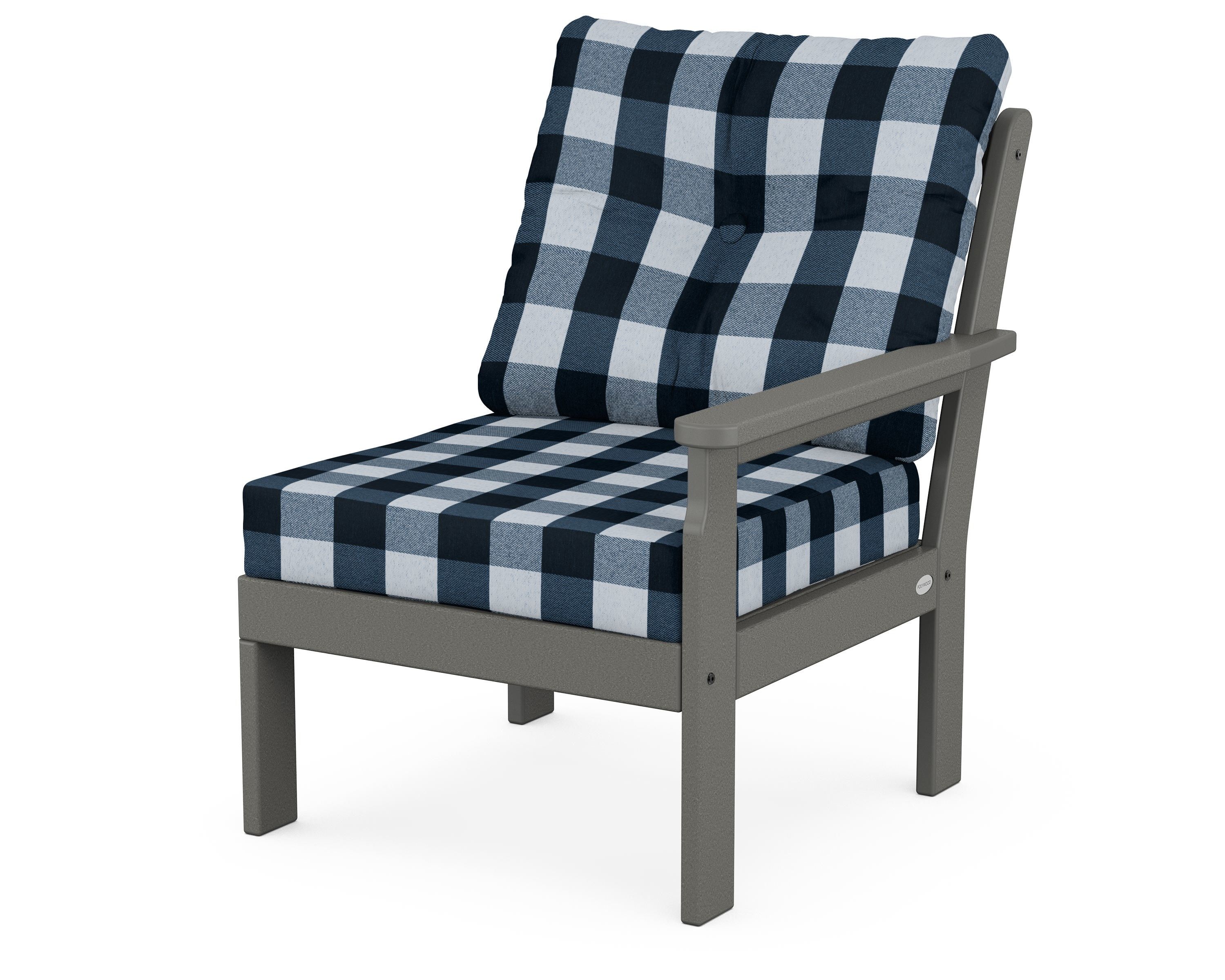 POLYWOOD® Vineyard Modular Right Arm Chair in Slate Grey / Buffalo Plaid Marine Indigo