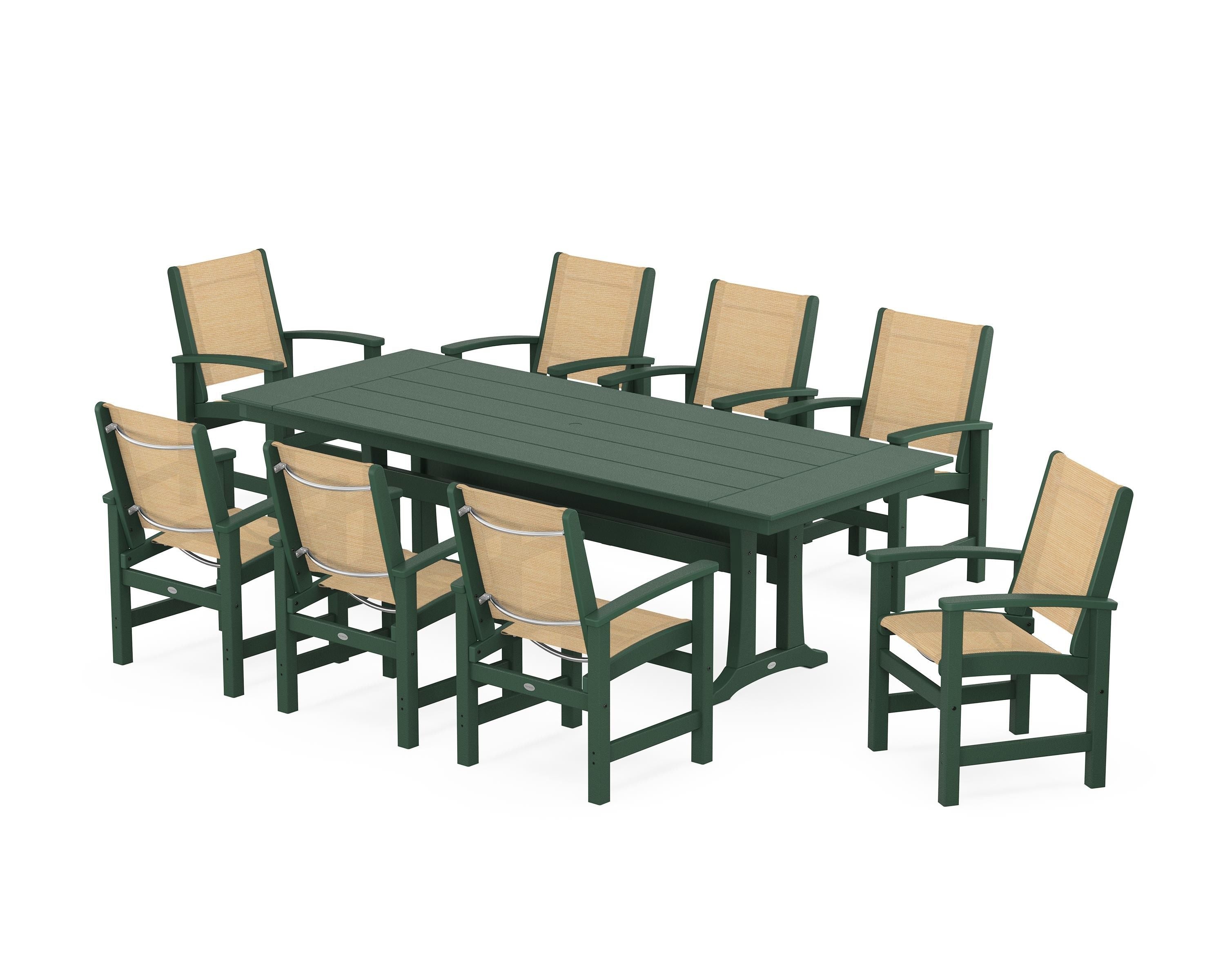 POLYWOOD® Coastal 9-Piece Farmhouse Dining Set with Trestle Legs in Green / Dupioni Apricot Sling