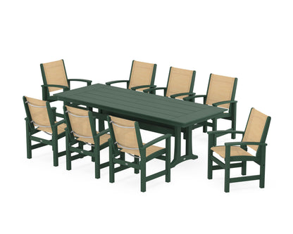 POLYWOOD® Coastal 9-Piece Farmhouse Dining Set with Trestle Legs in Green / Dupioni Apricot Sling