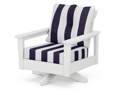 POLYWOOD® Prescott Deep Seating Swivel Chair in White / Cabana Stripe Navy