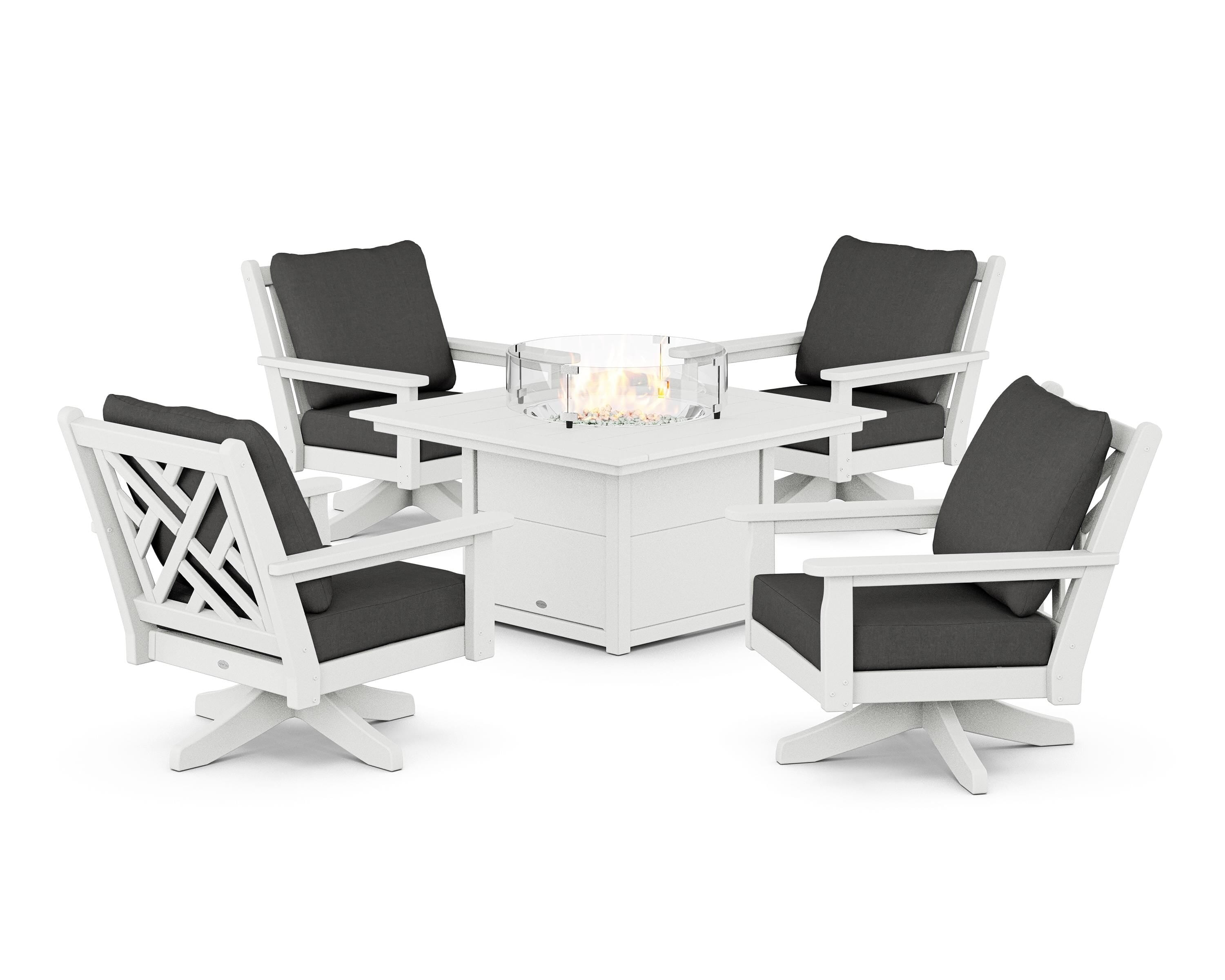 POLYWOOD® Chippendale 5-Piece Deep Seating Swivel Conversation Set with Fire Pit Table in White / Spectrum Carbon