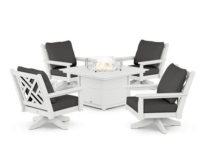POLYWOOD® Chippendale 5-Piece Deep Seating Swivel Conversation Set with Fire Pit Table in White / Spectrum Carbon