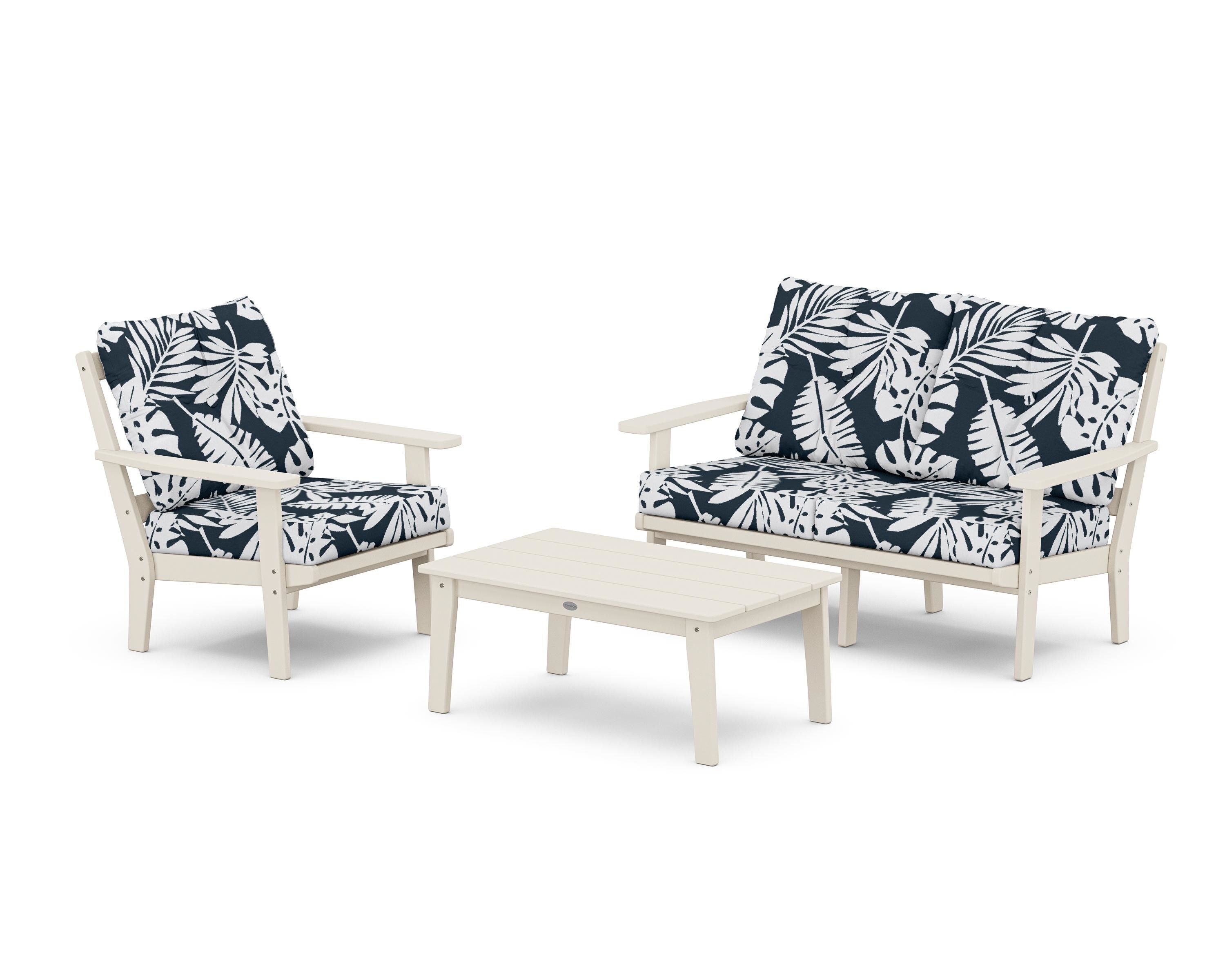 POLYWOOD® Prairie 3-Piece Deep Seating Set with Loveseat in Sand / Leaf Marine Indigo